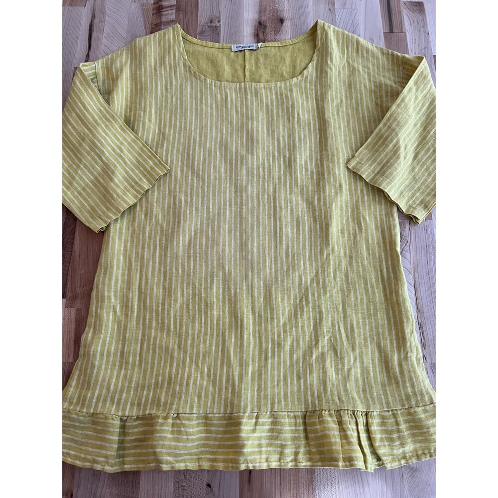 Lungo L'Arno Italy 3/4 Sleeve Ruffle Tunic 100% Linen Romantic Yellow Stripe S